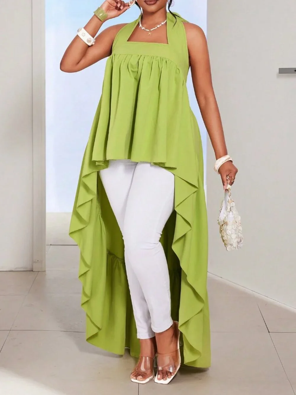 Green Casual Women's Plus Size Pleated Tie Neck Long Shirt